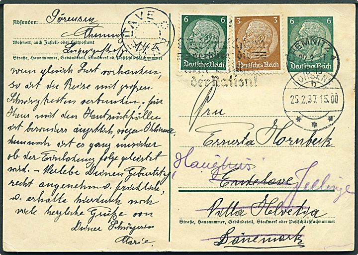 6 pfg. Hindenburg helsagsbrevkort opfrankeret med 3 pfg. og 6 pfg. Hindenburg fra Chemnitz d. 22.2.1937 til Endelave pr. Horsens - eftersendt til Jellinge med udslebet stjernestempel ENDELAVE og sidestemplet Horsens d. 25.2.1937.