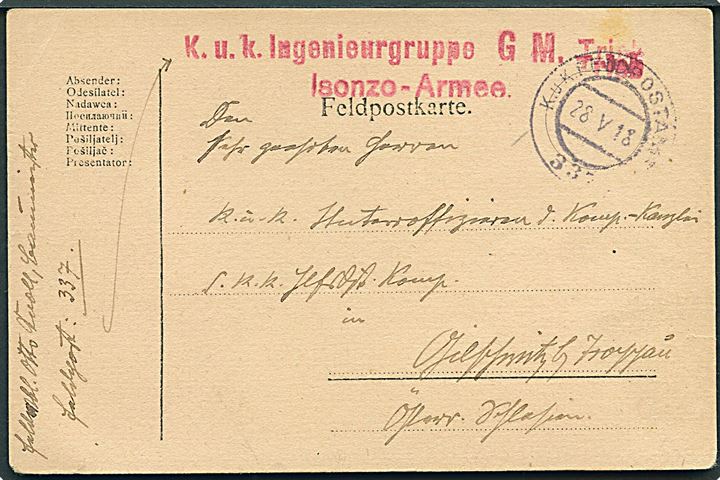 Ufrankeret fortrykt feltpostkort stemplet K.u.K. Feldpostamt 337 d. 28.5.1918 til Troppau. Rødt afd.-stempel: K.u.K. Ingenieurgruppe Isonzo-Armee.