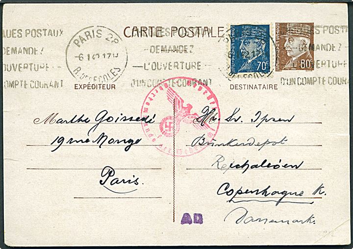 80 c. helsagsbrevkort opfrankeret med 70 c. fra Paris d. 6.1.1942 til København, Danmark. Tysk censur fra Hamburg.