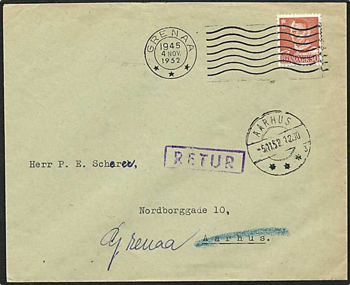 30 øre rød Fr. IX på brev fra Grenå d. 4.11.1952 til Århus. Brevet returneret.