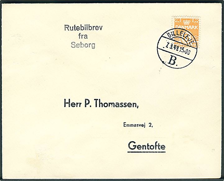 6 øre Bølgelinie på P. Thomassen-kuvert sendt som tryksag og annulleret med brotype Vd Gilleleje B. d. 7.3.1949 og sidestemplet Rutebilbrev fra Søborg til Gentofte.