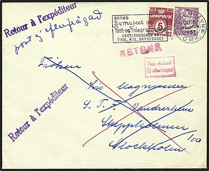 5 øre rød bølgelinie og 25 øre violet Fr. IX på brev fra København d. 25.6.1957 til Stockholm. Brevet returneret.