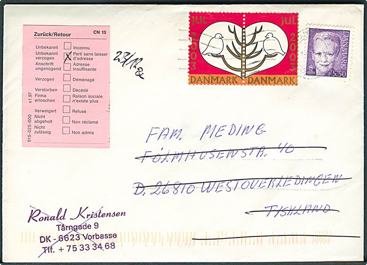 5,50 kr. Margrethe og Julemærke 2003 i parstykke på brev fra Vorbasse annulleret Sydjyllands Postcenter d. 19.12.2003 til Tyskland. Retur som ubekendt.