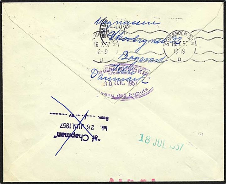 5 øre rød bølgelinie og 25 øre violet Fr. IX på brev fra København d. 25.6.1957 til Stockholm. Brevet returneret.