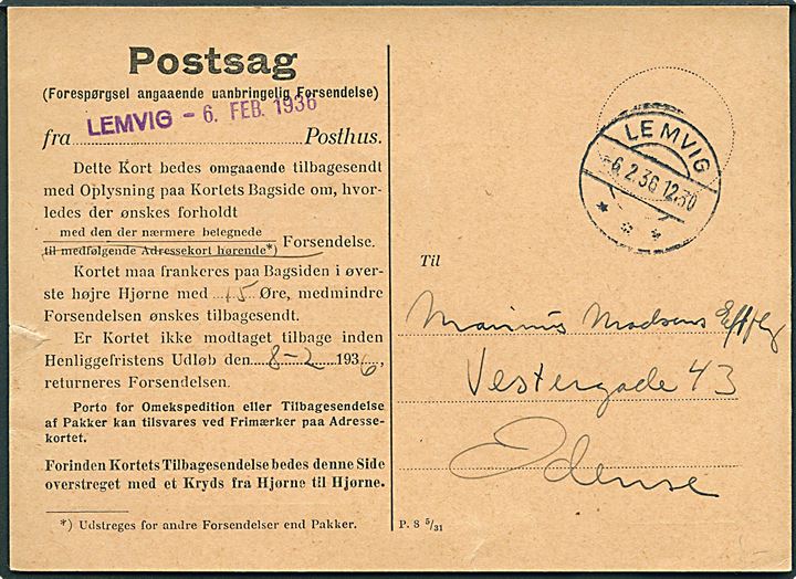 Ufrankeret postsag (Forespørgsel angaaende uanbringelig Forsendelse) - formular P.8 5/31 - fra Lemvig d. 6.2.1936 til Odense.