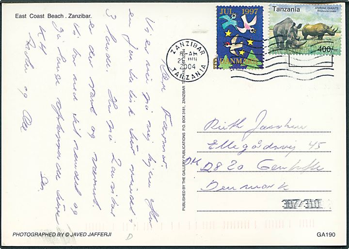 Tanzania 400/- på brevkort med dansk Julemærke 2002 stemplet Zanzibar d. 21.6.2004 til Dyssegård, Danmark.