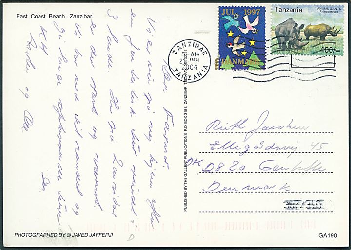 Tanzania 400/- på brevkort med dansk Julemærke 1997 stemplet Zanzibar d. 21.6.2004 til Gentofte, Danmark