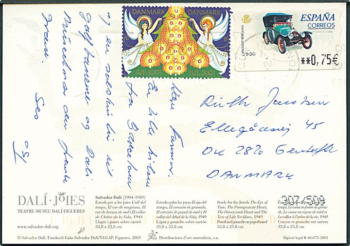 Spansk 0,75 € frankeringsetiket og dansk Julemærke 2001 i parstykke på brevkort Begur d. 28.2.2003 til Gentofte, Danmark.