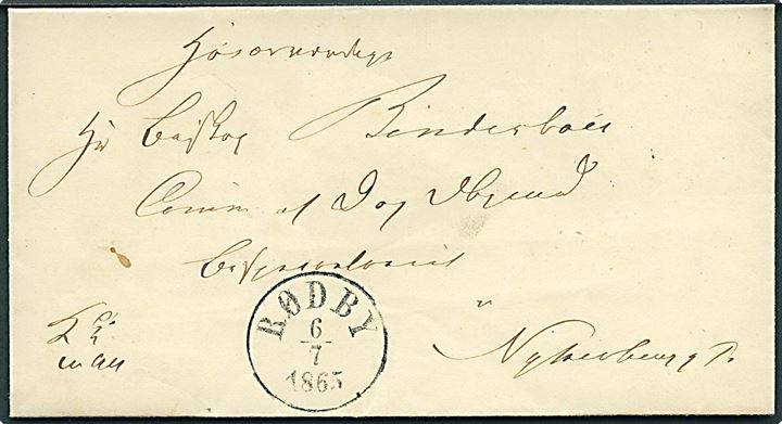 1865. Ufrankeret tjenestebrev mærket K.T.m.Att. med antiqua Rødby d. 6.7.1865 via Maribo til Biskop Bindesbøll i Nykjøbing F. På bagsiden laksegl fra Fuglse Herreds Provsti.