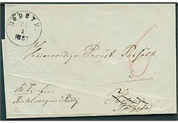 1857. Ufrankeret tjenestebrev mærket K.T. fra Kirkeværgen i Rødby med antiqua Rödbye d. 23.1.1857 til Holeby - ændret til Fuglse. Påskrevet 6 skilling porto.