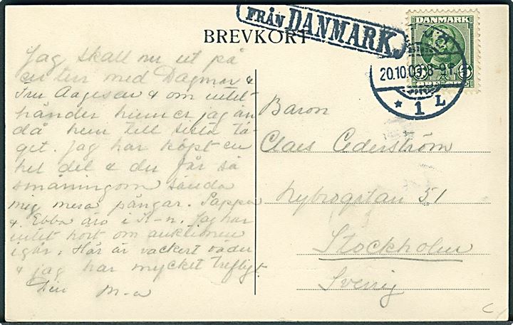 5 øre Fr. VIII på brevkort (H. Raphaïl: Kusk med hest) annulleret med svensk stempel i Malmö d. 20.10.1909 og sidestemplet Från Danmark til Stockholm, Sverige.