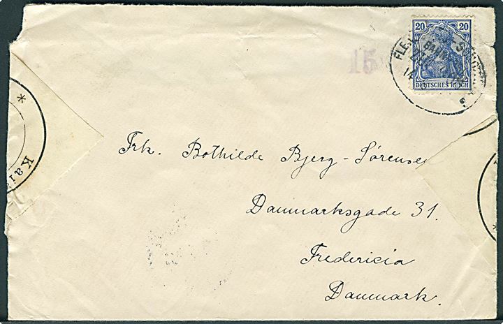 20 pfg. Germania på brev annulleret med bureaustempel Flensburg - Sonderburg Bahnpost Zug 908 d. 14.8.1917 til Fredericia, Danmark. Lokalt censurstempel 15 og åbnet af tysk censur i Flensburg.