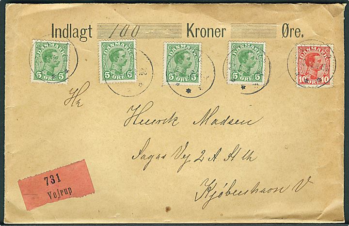 5 øre (4) og 10 øre Chr. X på værdibrev annulleret med brotype IIIb Vejrup d. 25.6.1918 til Kjøbenhavn.