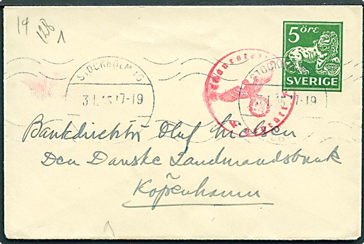 5 öre helsags-tryksagskuvert fra Stockholm d. 3.1.1945 til København. Passér stemplet med Sønderborg-censurstempel Zensurstelle k.