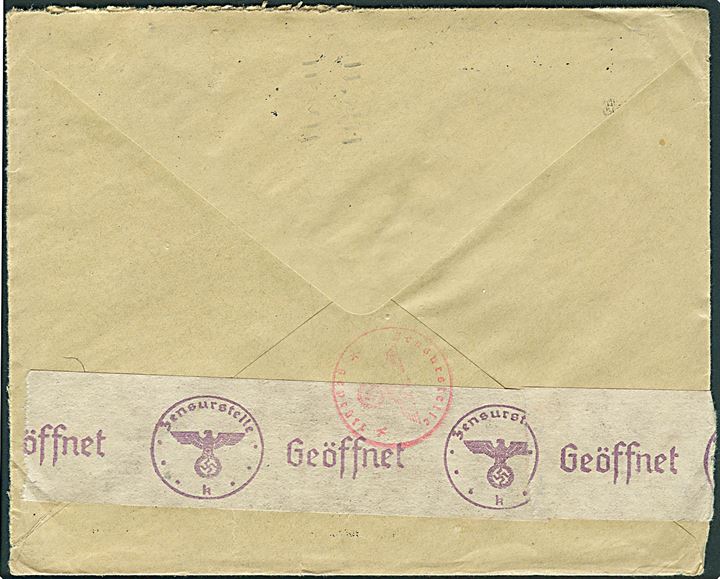 20 øre Chr. X på brev fra København d. 23.4.1945 til Helsingborg, Sverige. Åbnet af tysk censur i Sønderborg med fortrykt April-banderole Zensurstelle k.
