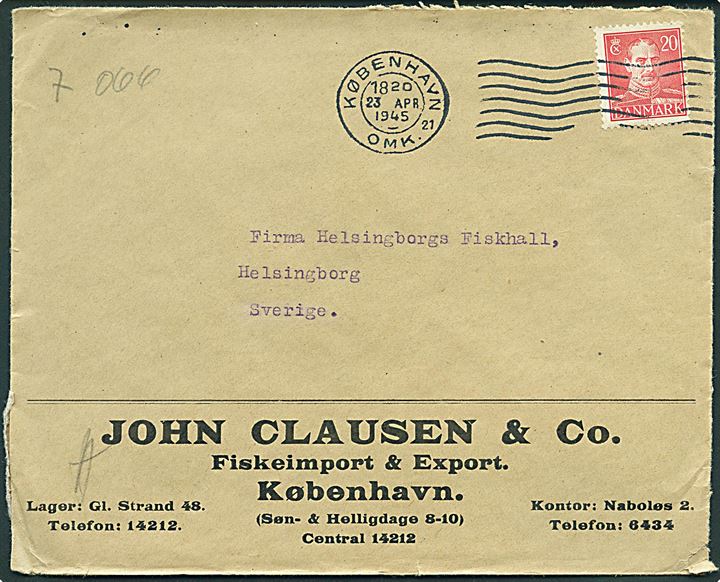 20 øre Chr. X på brev fra København d. 23.4.1945 til Helsingborg, Sverige. Åbnet af tysk censur i Sønderborg med fortrykt April-banderole Zensurstelle k.
