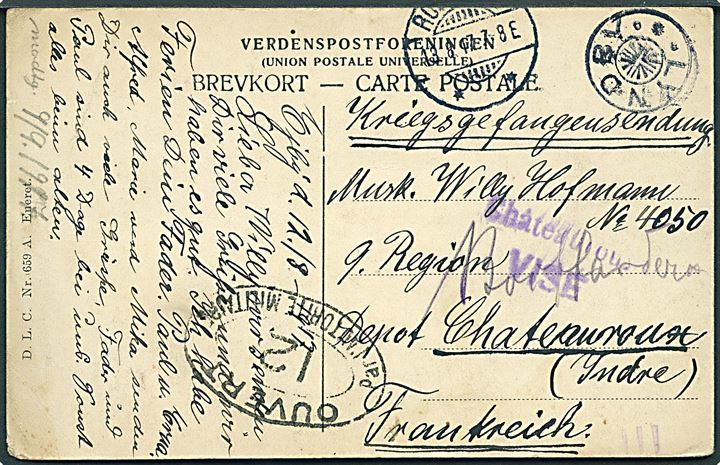 Ufrankeret krigsfangebrevkort med stjernestempel LYNDBY sidestemplet Roskilde d. 13.8.1917 til sønderjysk krigsfange Willy Hoffmann i fransk fangenskab i Chateauroux, Frankrig. Fransk censur.