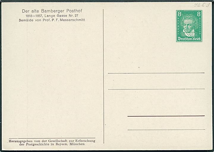 Messerschmidt, P.F.: Bamberger Posthof, Lange Gasse 27. 8 pfg. privat illustreret helsagsbrevkort udgivet af Gesellschaft zur Erforschung der Postgeschichte in Bayern.
