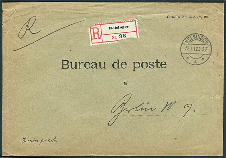 Ufrankeret fortrykt international postsagskuvert Formular Nr. 13 c. (6/8 10) sendt anbefalet fra Helsingør d. 22.7.1912 til Berlin, Tyskland.