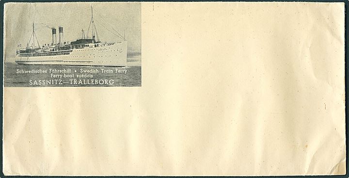 Illustreret reklamekuvert Trälleborg-Sassnitz med brevpapir fra færgen Drottning Victoria. Ubrugt.