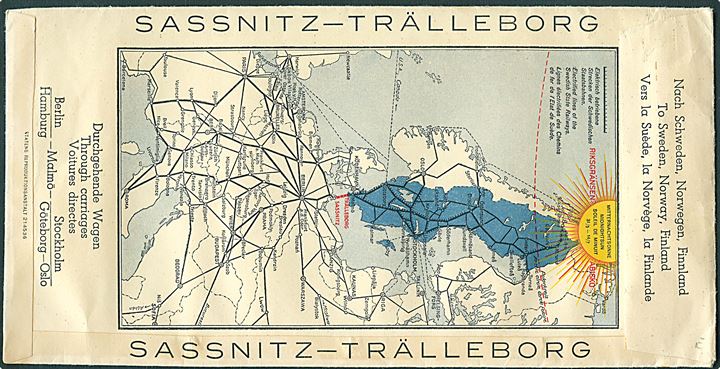Illustreret reklamekuvert Trälleborg-Sassnitz med brevpapir fra færgen Drottning Victoria. Ubrugt.