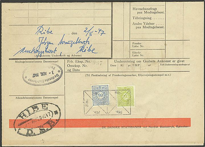 Ilgodsfragtbrev med 90 øre og 200 øre DSB fragtmærker annulleret med rammestempel fra Ribe d. 2.8.1947 til Det Danske Spejderkorps. Padborg St. 