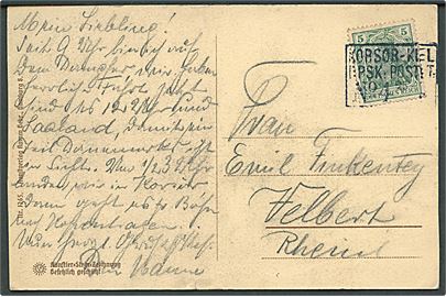 Tysk 5 pfg. Germania på brevkort skrevet ombord på det tyske dampskibet “Prinz Adalbert” og annulleret med rammestempel Korsør-Kiel DPSK:POSTKT: No. 4 d. 25.6.1911 til Valbert, Tyskland. 