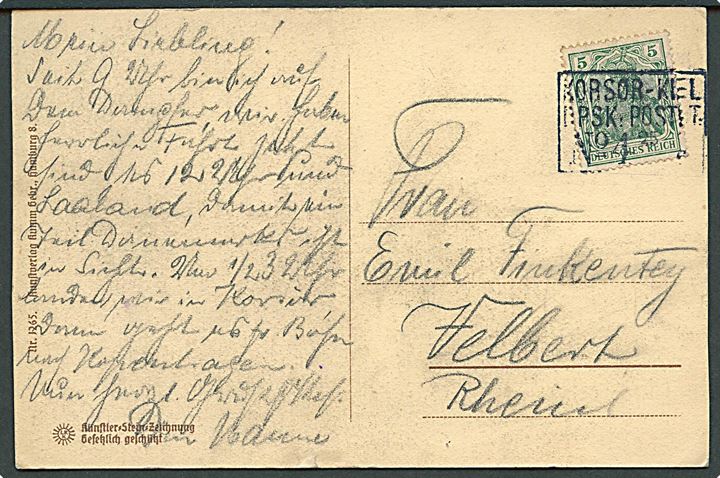 Tysk 5 pfg. Germania på brevkort skrevet ombord på det tyske dampskibet “Prinz Adalbert” og annulleret med rammestempel Korsør-Kiel DPSK:POSTKT: No. 4 d. 25.6.1911 til Valbert, Tyskland. 