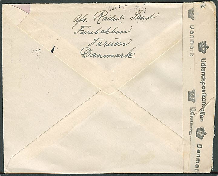 10 øre Chr. X (4) på brev fra Farum d. 25.4.1946 til Münster, Tyskland. Dobbelt censureret med 2 banderoler og både violet (krone)/666/Danmark og rødt (krone)/ 638/Danmark censur stempler.