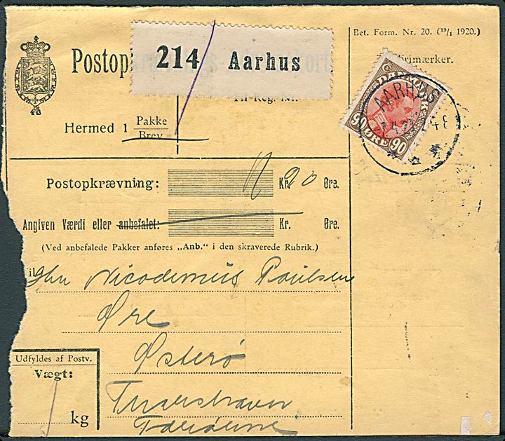 90 øre Chr. X single på Postopkrævnings-Adressekort for pakke fra Aarhus d. 7.4.1921 til Øre pr. Thorshavn på Færøerne.