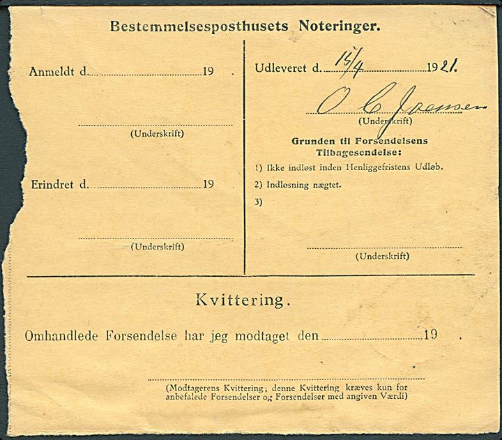 90 øre Chr. X single på Postopkrævnings-Adressekort for pakke fra Aarhus d. 7.4.1921 til Øre pr. Thorshavn på Færøerne.