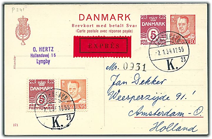 30+5 øre provisorisk dobbelt helsagsbrevkort (fabr. 171) opfrankeret med 5 øre Bølgelinie og 95 øre Fr. IX sendt som ekspres fra København d. 2.1.1954 til Amsterdam, Holland. Vedhængende ubenyttet svardel.