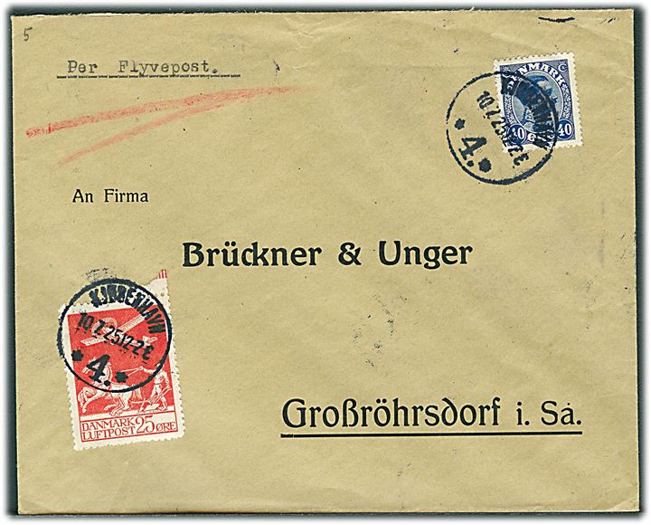 25 øre Luftpost og 40 øre Chr. X på luftpostbrev fra Kjøbenhavn d. 10.7.1925 til Grossröhrsdorf, Tyskland. På bagsiden rammestempel: “Mit Luftpost befördert Hamburg 1”.