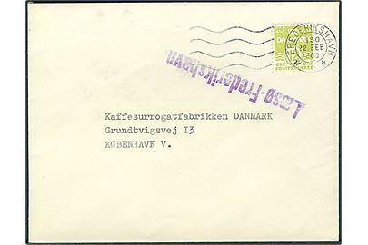 12 øre Bølgelinie single på tryksag  med maskinstempel Frederikshavn d. 22.2.1960 og sidestemplet med violet skibsstempel Læsø-Frederikshavn til København. 