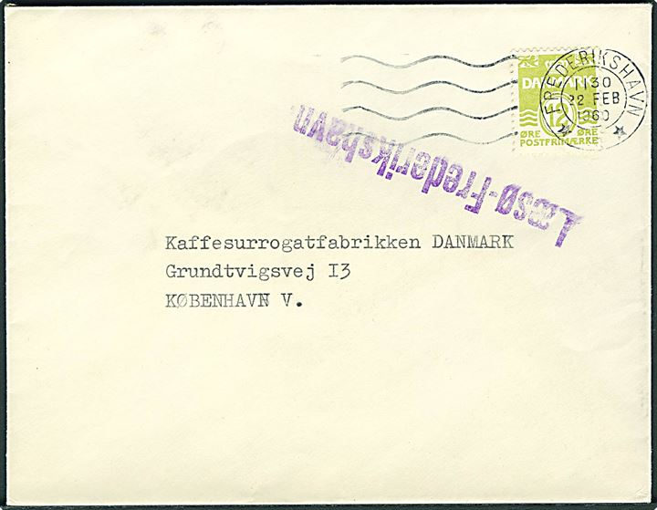 12 øre Bølgelinie single på tryksag  med maskinstempel Frederikshavn d. 22.2.1960 og sidestemplet med violet skibsstempel Læsø-Frederikshavn til København. 