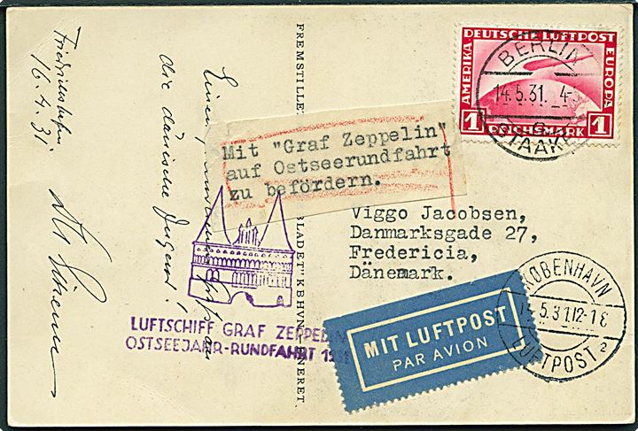1 mk. Zeppelin på luftpost brevkort med hilsen fra Hugo Eckener (fremstillet af Drengebladet) fra Berlin Staake d. 14.5.1931 via København til Fredericia. Violet Luftschiff Graf Zeppelin Ostseejahr-Rundflug 1931.