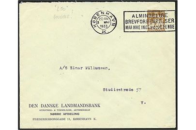 10 øre brun bølgelinie på lokalt brev fra København d. 3.5.1933. Mærket med perfin L50 - Den danske landmandsbank. Mærket dobbelt perforeret.