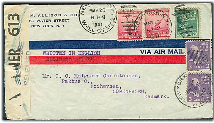 30 cents frankeret luftpostbrev fra New York d. 23.3. 1941 til København, Danmark. Åbnet af britisk censur PC90/613 og tilbageholdt. Frigivet efter krigen med stempel Released. 