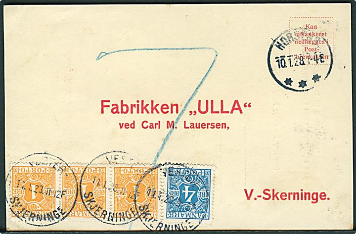 Ufrankeret svar tryksag fra Horsens d. 10.1.1928 til V.-Skerninge. Udtakseret i 7 øre enkeltporto med 1 øre (3) og 4 øre Portomærke stemplet Vester - Skjerninge d. 11.1.1928.