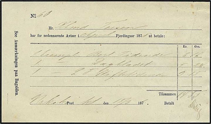 Betalings kvittering for aviser fra Nakskov d. 15.3.1878.