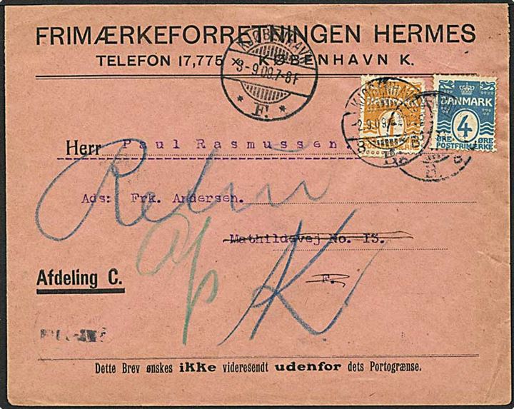 1 øre orange og 4 øre blå bølgelinie på lokalt brev fra København d. 3.9.1909. Brevet returneret - ubekendt efter adressen.