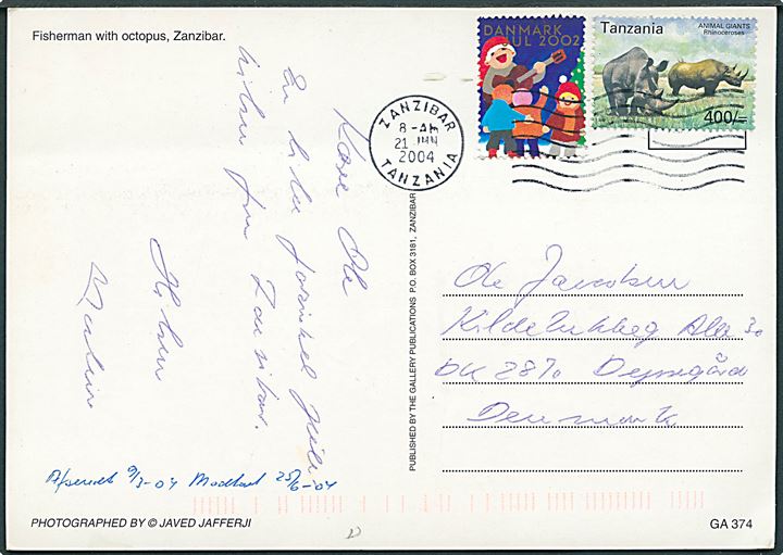 Tanzania 400/- på brevkort med dansk Julemærke 2002 stemplet Zanzibar d. 21.6.2004 til Dyssegård, Danmark.