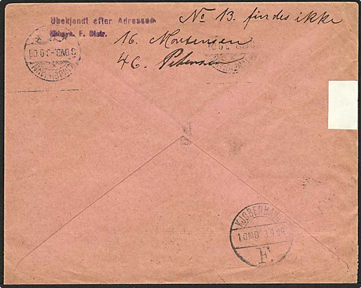 1 øre orange og 4 øre blå bølgelinie på lokalt brev fra København d. 3.9.1909. Brevet returneret - ubekendt efter adressen.