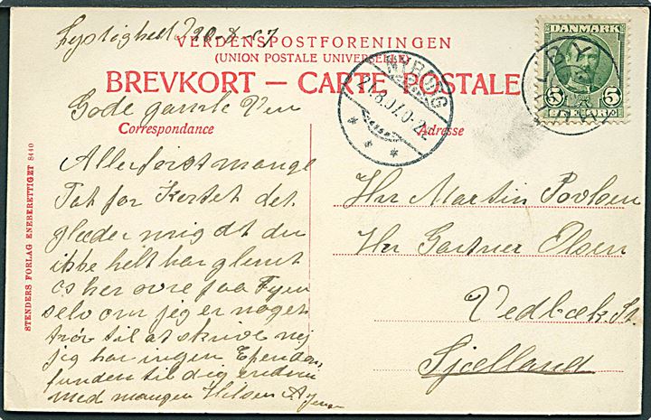 5 øre Fr. VIII på brevkort (Strandvejen i Nyborg) annulleret med stjernestempel HJULBY og sidestemplet Nyborg d. 21.8.1907 til Vedbæk. Skilling: 750,-