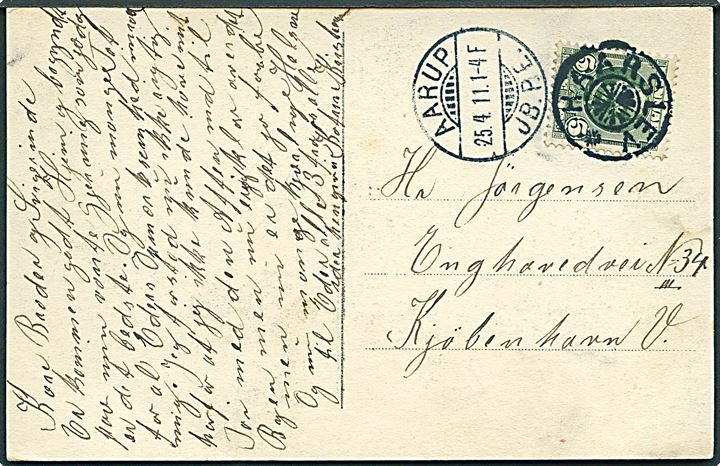 5 øre Fr. VIII på brevkort (Fr. VII statue i Odense) annulleret med stjernestempel HAARSLEV og sidestemplet Aarup JB.P.E. d. 25.4.1911 til København.