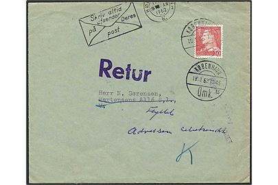 30 øre rød Fr. IX på lokalt brev fra København d. 10.1.1962. Brevet returneret, samt stemplet kassebrev.