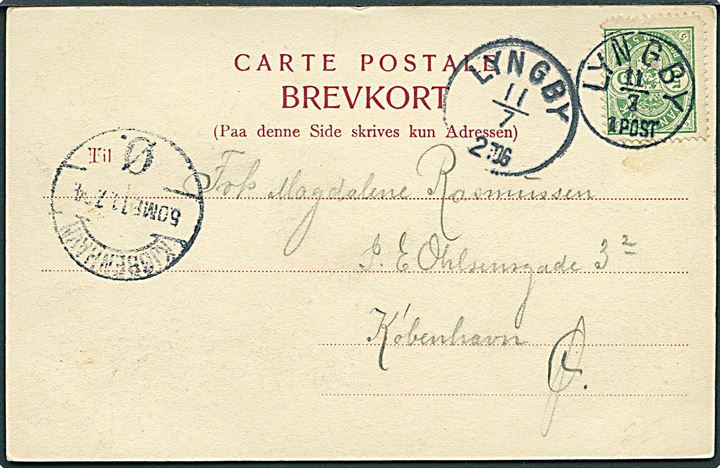 5 øre Våben på brevkort (Frederiksdal) annulleret med lapidar Lyngby d. 11.7.1904 og sidestemplet med andet lapidar stempel Lyngby d. 11.7.1904 til København.
