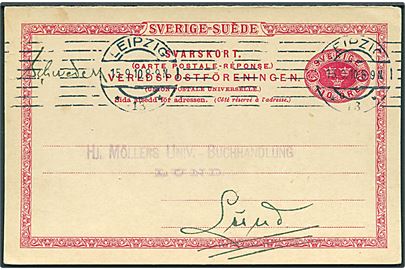 10 öre svardel af dobbelt helsagsbrevkort annulleret med tysk stempel i Leipzig d. 15.9.1910 til Lund, Sverige.