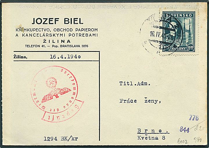 Slovakiet. 1,20 k. single på brevkort fra Zilina d. 16.4.1940 til Brno i Böhmen-Mähren. Passér stemplet afg tysk censur.