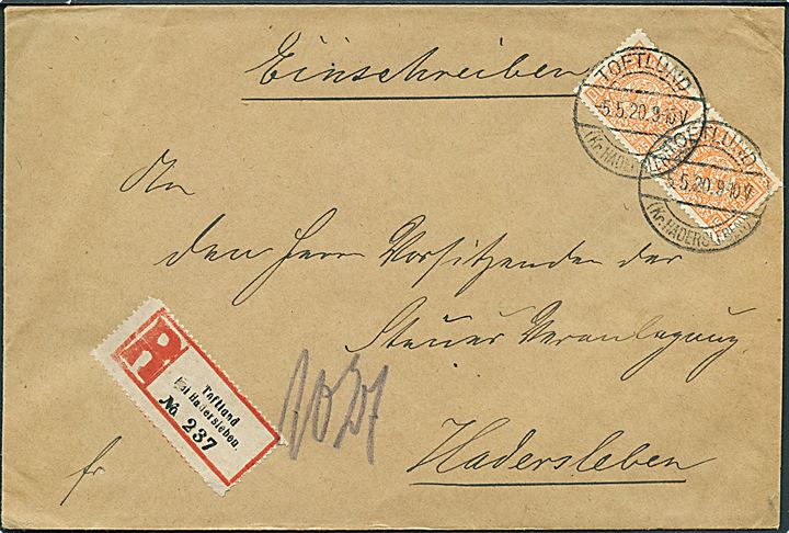 25 pfg. Fælles udg. i lodret parstykke på anbefalet brev stemplet Toftlund (Kr. Hadersleben) d. 5.5.1920 til Haderslev. Korrekt porto 50 pfg.